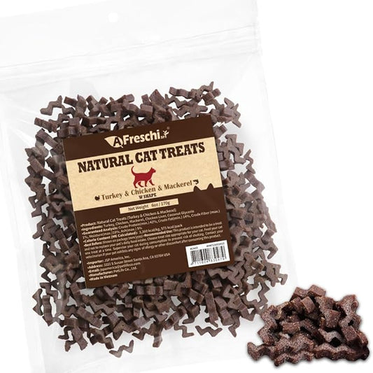 A Freschi srl Healthy Cats Treats, Snacks for Indoor Cats, Omega 3 for Skin and Coat, Training Treats with High Protein, All Natural, Grain Free, Turkey & Chicken & Mackerel, W Shape, 6 oz