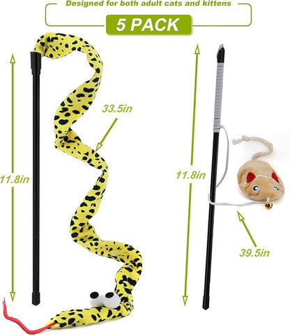 Interactive Cat Toy Wand with Catnip Mouse, Cat Teaser Wand Rainbow String for Bored Indoor Adult Cats and Kittens (5 Pack)