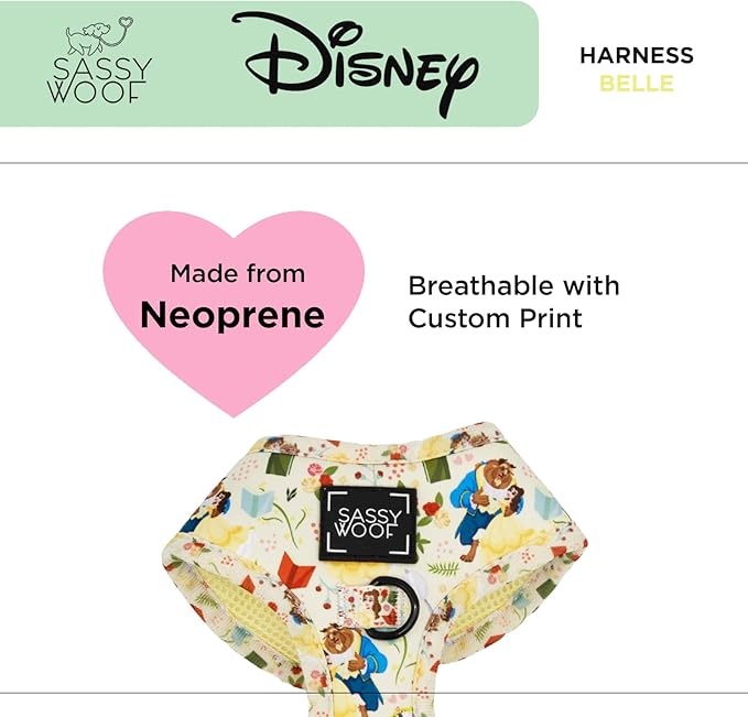 Sassy Woof Dog Adjustable Harness - Disney Princess Beauty and The Beast Belle - M, Breathable Mesh, No Pull Design with Two D-Rings, Perfect for Medium Dogs - Officially Licensed