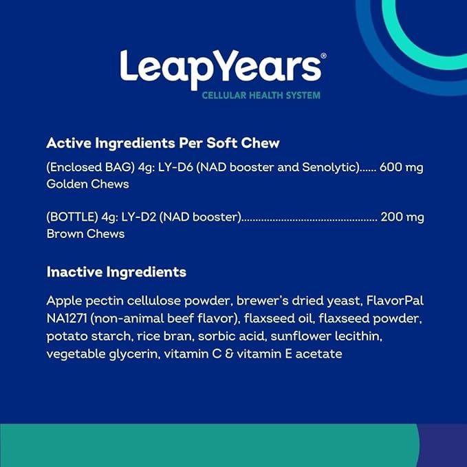 Leap Years Soft Chew Dog Health Supplement – Dog Cognitive Supplement, Supports Longevity of Your Pet, Brain, Heart & Muscle; Powerful NAD for Dogs + Senolytic Formula, Vet-Formulated, Large Breed