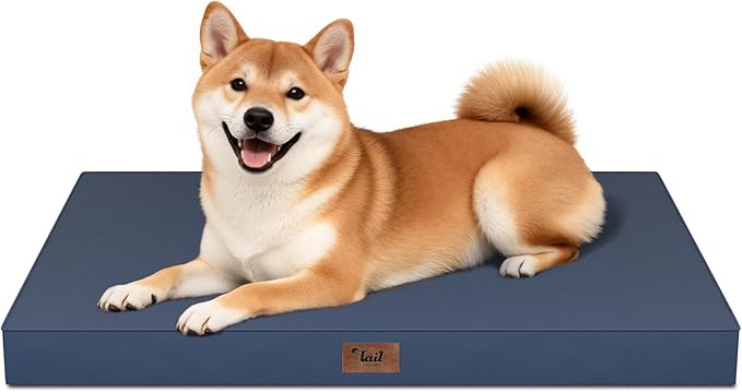 Tail Stories Outdoor Dog Bed for Medium Dogs, Waterproof Dog Crate Mat Orthopedic Egg Crate Foam Pet Bed with Washable Removable Oxford Cover, Navy