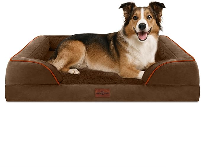 Comfort Expression Orthopedic Dog Bed for Large Dogs 38x25 Inch, Waterproof Supportive Egg Crate Foam Large Pet Bed with Removable Bolsters, Dog Couch with Washable Cover & Non-Slip Bottom, Dark Brown
