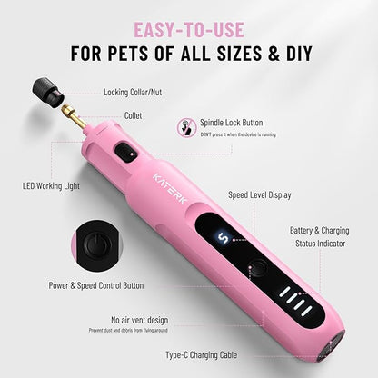 Katerk Pet Dog Nail Grinder - 5 Speed Quiet Electric Dog Nail Trimmer with 360°LED Light, 2500mAh Rechargeable, 32PCS Cordless Rotary Tool for Small Medium Large Dogs & DIY Sanding, Carving (Pink)