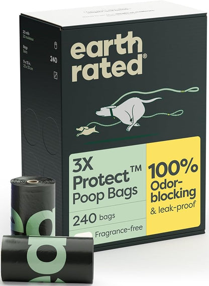 Earth Rated 3X Protect Dog Poop Bag Rolls, Odor Blocking Leak Proof Extra Thick, Unscented, 240 Count