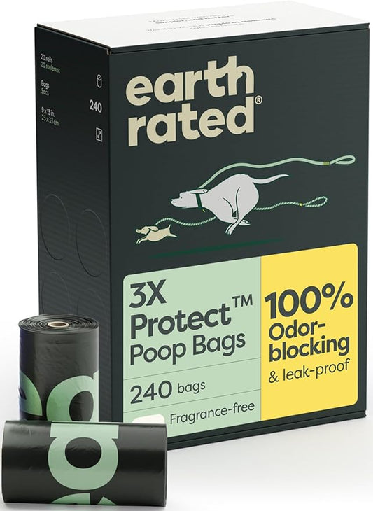 Earth Rated 3X Protect Dog Poop Bag Rolls, Odor Blocking Leak Proof Extra Thick, Unscented, 240 Count