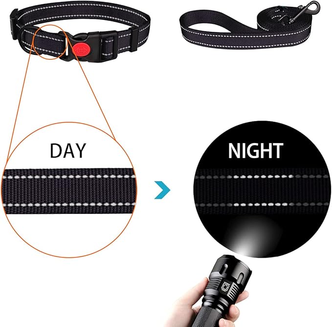 Reflective Dog Collar and Leash Set with Safety Locking Buckle Nylon Pet Collars Adjustable for Small Medium Large Dogs 4 Sizes(Black&M)