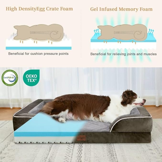 Comfort Expression Orthopedic Dog Bed for Extra Large Dogs 42x30 Inch, Waterproof Egg Crate Foam XL Pet Bed with Removable Bolsters, Dog Couch with Washable Cover & Non-Slip Bottom, Grey Green