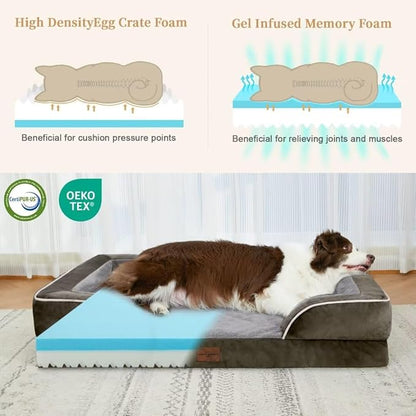 Comfort Expression Orthopedic Dog Bed for Extra Large Dogs 42x30 Inch, Waterproof Egg Crate Foam XL Pet Bed with Removable Bolsters, Dog Couch with Washable Cover & Non-Slip Bottom, Grey Green