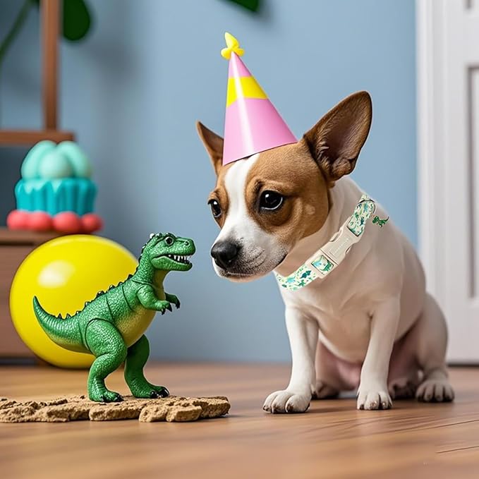 Lionet Paws Green and Blue Dinosaur Dog Collar- Cute Stegosaurus and Raptor Beige Dog Collars with Plastic Buckle, Light Adjustable Dog Collars for Medium Dogs