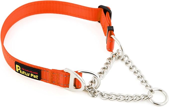 Plutus Pet Martingale Dog Collar with Stainless Steel Chain and Reflective Nylon, Adjustable No Pull Training Collar, for Small Medium, and Large Dogs, Orange, S