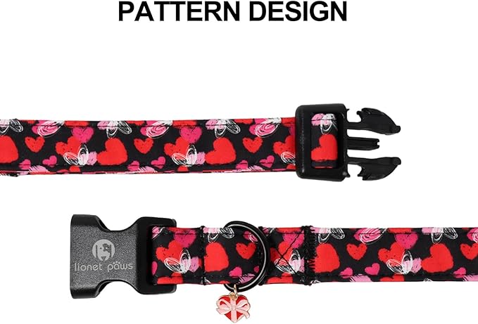 Lionet Paws Valentine's Day Dog Collars - Red Pink Hearts Black Dogs Collar with Plastic Buckle and Heart Pendant,Dog Collar for Medium Dogs