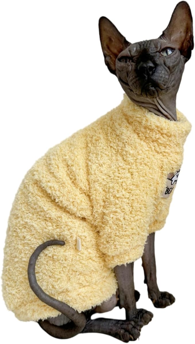 Sphynx Cat Clothes Hairless Cat Super Soft Warm Fleece T Shirt Elastic Winter Sweater Outfit, Pet Clothes for Sphynx Cat Coat for Cats and Small Dogs Apparel (Yellow, X-Large)