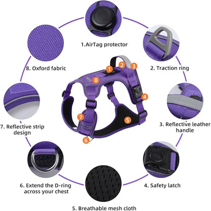 Airtag Dog Harness Chest Plate Reflective No Pull Harness with Leash for Extra Large Dogs (Purple, L)