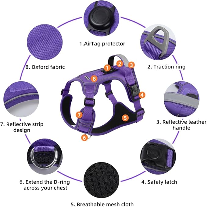 Airtag Dog Harness Chest Plate Reflective No Pull Harness with Leash for Extra Large Dogs (Purple, XL)