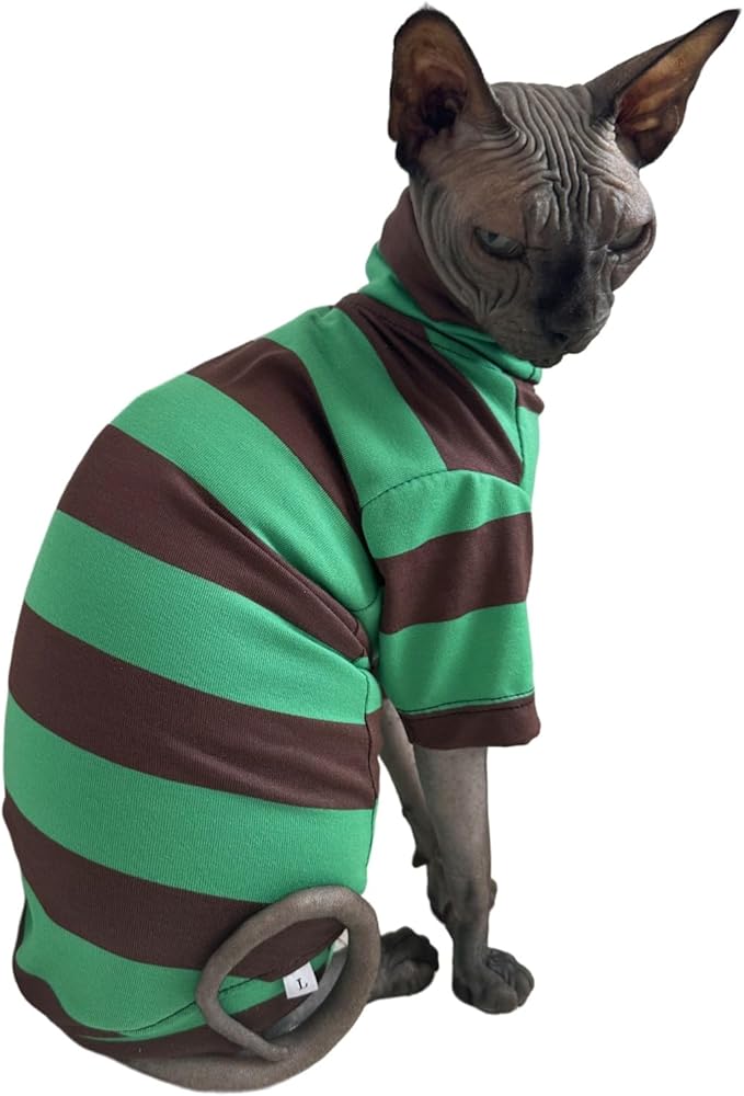 Vintage Stripes Sphynx Hairless Cats Shirt Cotton Cat Turtleneck Pet Clothes Kitten T-Shirts with Sleeves for Sphynx Cats (Wide Green Brown Stripe, Small)