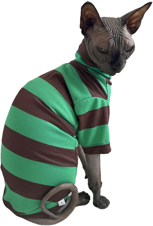 Vintage Stripes Sphynx Hairless Cats Shirt Cotton Cat Turtleneck Pet Clothes Kitten T-Shirts with Sleeves for Sphynx Cats (Wide Green Brown Stripe, Small)