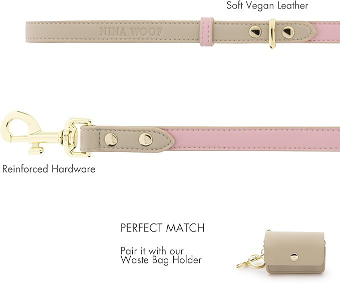 NINA WOOF Leather Dog Leash - Slim Leash with Reinforced Hardware, European Design, Pink, 4ft