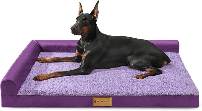 Patas Lague Orthopedic XL Dog Bed Large Sized Dog 48''X30'', Waterproof L Bolster Big Pet Sofa Beds with Removable Washable Cover, Soft Comfortable Pet Couch Crate Mat with Nonskid Bottom, Purple