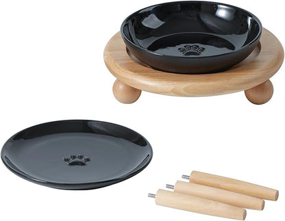 Havniva Raised Ceramic Wide Whisker Friendly Cat Dishes, Food&Water Bowl with 2 Style Stand Adjustable Pet Bowl Set(1Dish+1Shallow Dish+Stand, Black