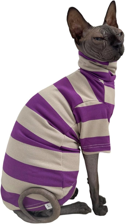 Vintage Stripes Sphynx Hairless Cats Shirt Cotton Cat Turtleneck Pet Clothes Kitten T-Shirts with Sleeves for Sphynx Cats (Wide Purple Grey Stripe, Large)