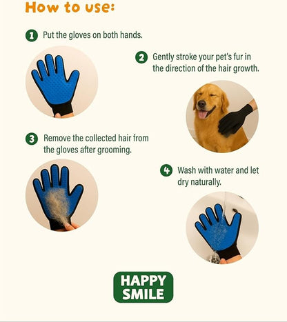 Happy Smile Pet Grooming Gloves for Dogs & Cats – Deshedding, Bath & Massage – Hair Removal Gloves for Short & Long Fur – 1 Pair