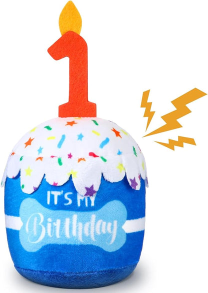 Dog Birthday Cake Toy Accessories for Girl Boy Gifts, Squeaky Plush Toy for Dog Birthday Party Decor Favor for Large, Medium and Small Dogs (1st,Blue)