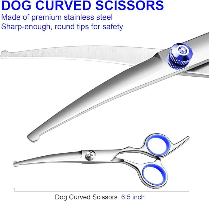 FAIGEO Professional Dog Grooming Scissors Kit, Titanium Coated Dog Scissors for Grooming, Grooming Shears Kit - Thinning, Curved Scissors and Comb for Dog Cat Pet (Blue 4 in 1)