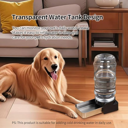 PAKEWAY 1 Gallon Automatic Gravity Dog Water Bowl Dispenser, Stainless Steel Large Capacity Pet Waterer with 3 Filters for Small to Medium Dogs and Cats