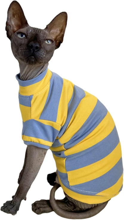 Sphynx Cat Clothes Shirts for Hairless Cat, Wide Stripe Cats Apparel, Kitten Summer Cotton T-Shirts with Sleeves for Cornish Rex, Devon Rex, Peterbald (Blue & Yellow, Small)