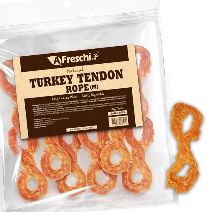 A Freschi srl Turkey Tendons for Dogs, USA-Sourced, Healthy Dog Treats, Rawhide-Free Puppy Chews, Long Lasting, All Natural, Hypoallergenic Dog Treats for Medium Breeds, 10 oz Pack Rope (M)
