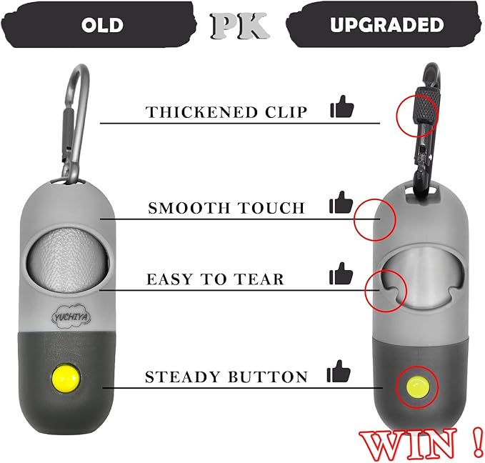 Dog Poop Bag Holder Dispenser with LED Flashlight - Night Visibility for Safe Evening Walks | Upgraded Hands-Free Leash Clip | Includes 15 Dog Waste Bags(Gray)