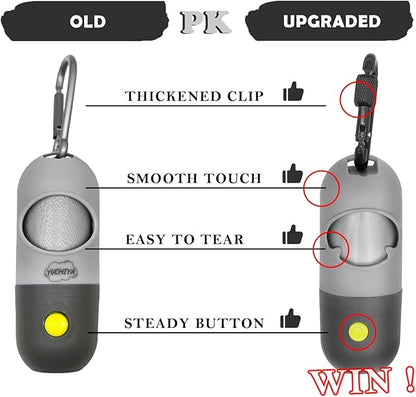 Dog Poop Bag Holder Dispenser with LED Flashlight - Night Visibility for Safe Evening Walks | Upgraded Hands-Free Leash Clip | Includes 15 Dog Waste Bags(Gray)