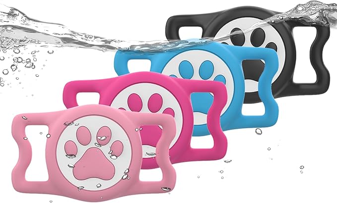 WhoseID IP68 Waterpoof Dog tag Holder, Stretchy Silicone Full Body Covered Apple Tag Holder for Dog Cat Collar Fit All Width Collar (Black/Blue/Pink/Rose, 4 Pack)