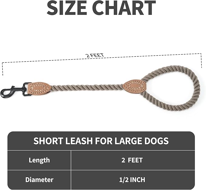 Mile High Life Short Dog Leash, Braided Cotton Rope Leashes with Leather Tip - Heavy Duty Metal Clasp, 18IN, 1/2" Thick - Wedding, Walking & Training Leash for Medium Large Dogs