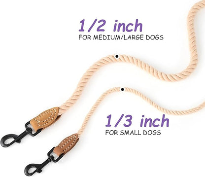 Mile High Life Dog Leash, Braided Cotton Rope Leashes with Leather Tip - Heavy Duty Metal Clasp, 4FT, 1/3" Thick - Wedding, Walking Leash for Small Medium Dogs(Light Brown)