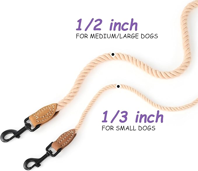 Mile High Life Dog Leash, Braided Cotton Rope Leashes with Leather Tip - Heavy Duty Metal Clasp, 5FT, 1/3" Thick - Wedding, Walking Leash for Small Medium Dogs(Light Brown)