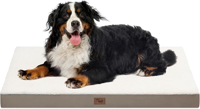 Tail Stories Orthopedic Dog Crate Bed for Extra Large Dogs, XXL Waterproof Comfort Pet Bed with Egg Crate Foam 47x29 Inch, Removable Oxford Cooling Cover, Khaki White