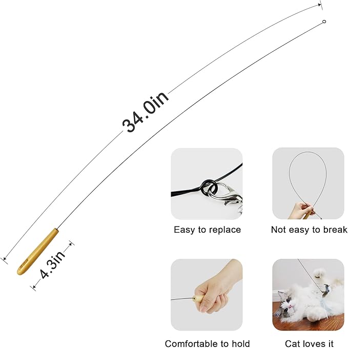 TTcat Interactive Bird and Insect Simulation Cat Toy Set with 4 Pcs Feather Refills, 29'' Flexible Steel Wire, Sturdy Wood Handle & Bell,Cat Wand Toys for Indoor Cat and Kitten.