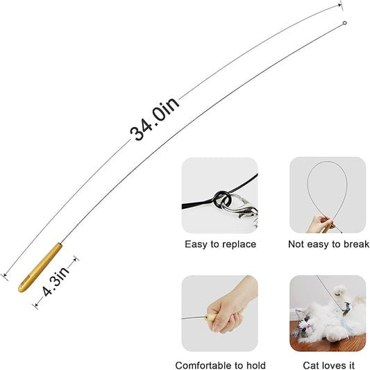 TTcat Interactive Bird & Insect Simulation Cat Toy Set 10 Pcs Feather Refills & 2 Pcs Cat Wand Toy, 29'' Flexible Steel Wire, Sturdy Wood Handle & Bell, for Indoor Kittens.