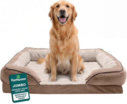 Furhaven Memory Foam Dog Bed for Large Dogs w/ Removable Bolsters & Washable Cover, For Dogs Up to 95 lbs - Plush & Velvet Waves Perfect Comfort Sofa - Brownstone, Jumbo/XL