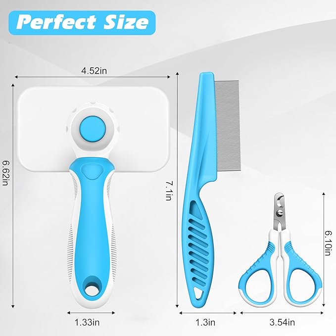 Comotech 3PCS Cat Grooming Supplies,Cat Brush & Nail Clipper/Trimmer & Flea Comb for Shedding Indoor Cats Dogs and Small Animals - Meet All Your Pet's Daily Grooming Needs - All in One Set (Blue)