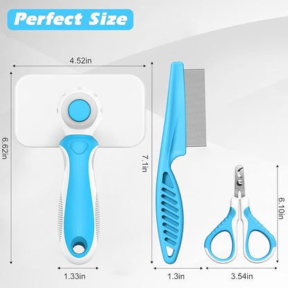 Comotech 3PCS Cat Grooming Supplies,Cat Brush & Nail Clipper/Trimmer & Flea Comb for Shedding Indoor Cats Dogs and Small Animals - Meet All Your Pet's Daily Grooming Needs - All in One Set (Blue)