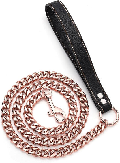 Rose Gold Dog Leash 15mm Cuban Link Chain Dog Leash Durable Stainless Steel Metal with Leather Handle for Small Medium Large Dogs 3FT/4FT/5FT(15mm,3ft)…