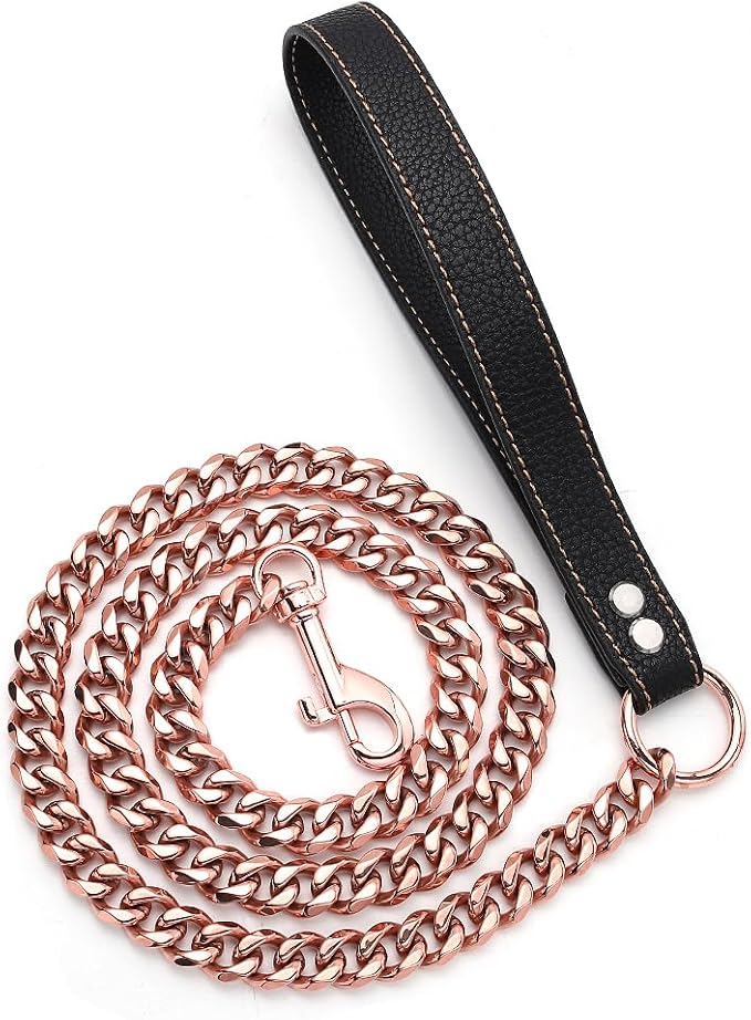 Rose Gold Dog Leash 15mm Cuban Link Chain Dog Leash Durable Stainless Steel Metal with Leather Handle for Small Medium Large Dogs 3FT/4FT/5FT(15mm,5ft)…