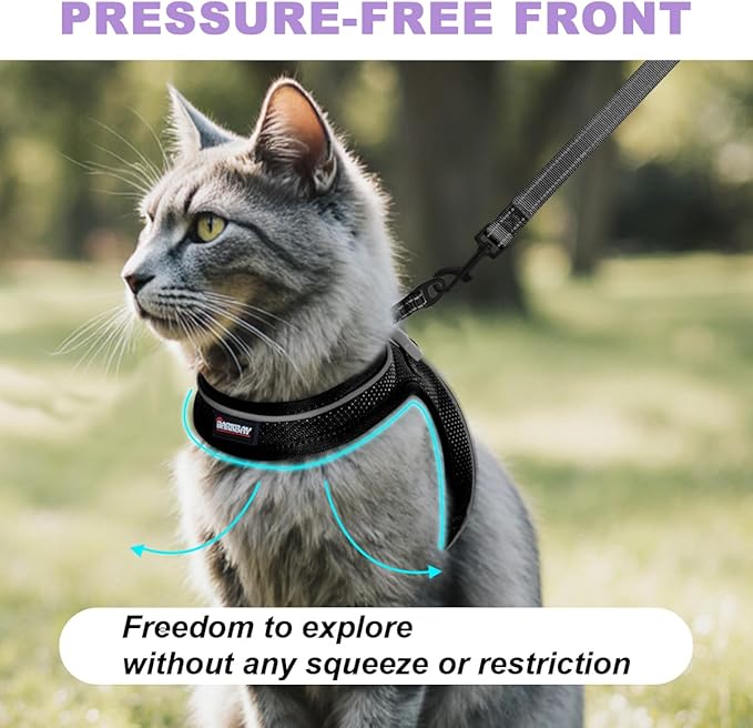 Cat Harness and Leash Set,Escape Proof Kitten Harness,Step in Adjustable Soft Lightweight,Easy Control,Reflective Strips Comfortable for Walking Travel(Black,S)