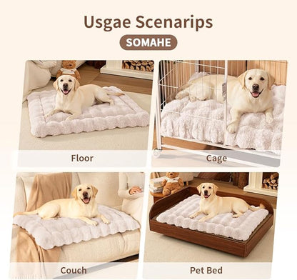 SOMAHE Self-Warming Dog Bed, Plush Faux Fur Mat with Anti-Slip Bottom, Ultra Soft Heated Pet Bed for Medium Large Dogs, Cozy Fluffy Pad for Carriers Couch Crate, Machine Washable, 35 x 27 Inch White