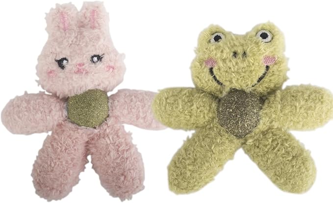 Gavpepy Cat Toys with Catnip Kitten Chew Bite Supplies Boredom Relief Fluffy Kitty Teeth Cleaning Chewing Cat Lovers Interactive Plush Gift (Rabbit&Frog)