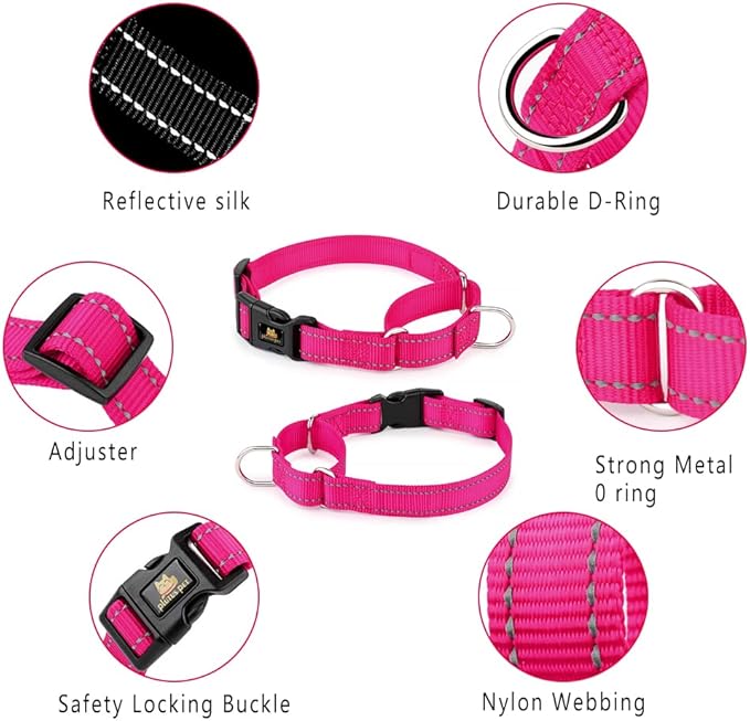 PLUTUS PET Reflective Martingale Collar with Quick Snap Buckle,No Pull Dog Choker Collar for Small Medium Large Dogs,S,Hot Pink