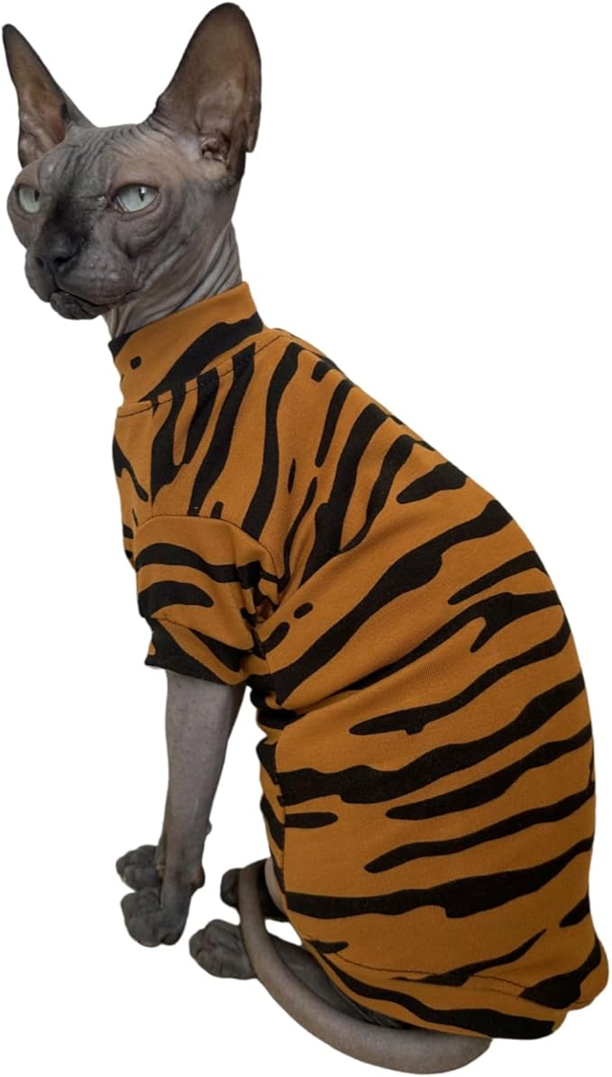 Limited Edition Sphynx Cat Cotton T-Shirts Hairless Cat Sweatshirt Pet Kitten Clothes Round Collar Kitten Shirts Vest Cats & Small Dogs Apparel (Siberian Tiger, S (3.3-4.4 lbs))