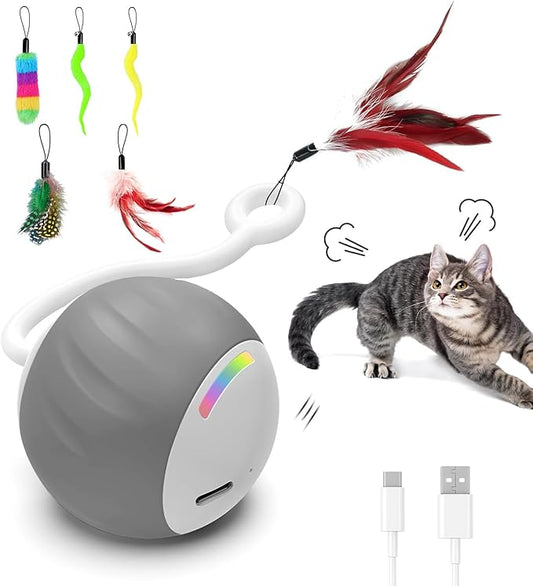 Interactive Cat Toy for Indoor (Sounds&Touch Control) Smart Cat Toys-Automatic Moving Cat Ball Toy-Fast Slow 2Speed with Feathers Tail&Lights for Kittens,Older Cats,Bored Cats,Ferret,USB Rechargeable